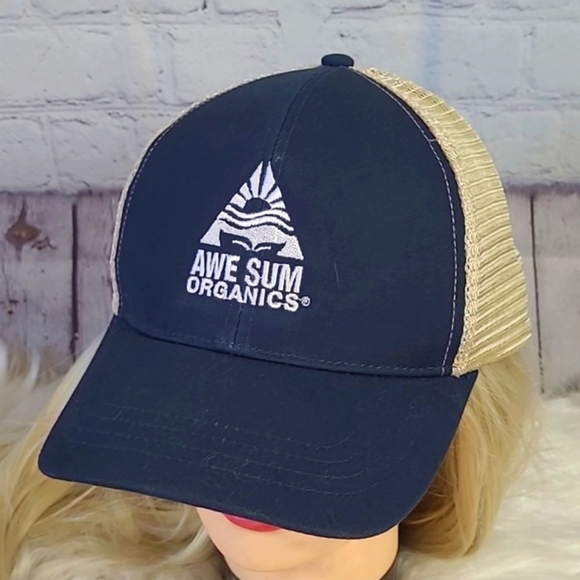 NWOT Awe Sum Organics Tan Blue Mesh Trucker Adjustable Snapback Hat Cap One Size - Picture 1 of 14